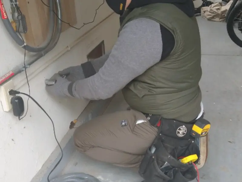 Electrician performing outlet wiring in a Vashon garage